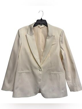 LoveShackFancy Ivory Single-Button Satin Lapel Wool Blend Blazer - Size XL